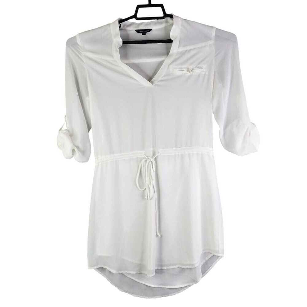 Womens Naked Zebra White Shirt Dress Roll Tab Sleeve Tie Waist V-Neck Size S
